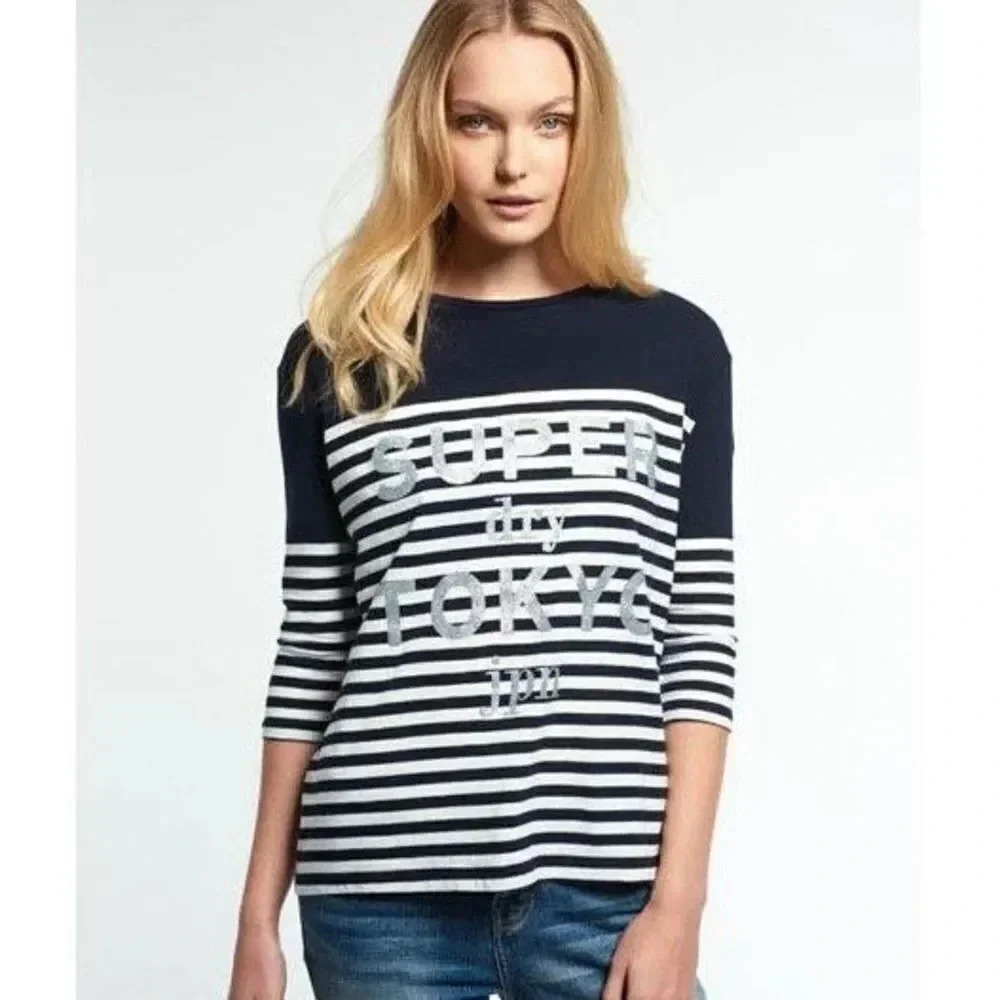 Superdry Japan Striped T-Shirt Size S Blue White Glitter Graphic Spell Out Logo